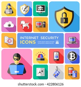 Internet security decorative flat icons set with computer user hacker shields alarm smartphone locks isolated vector illustration