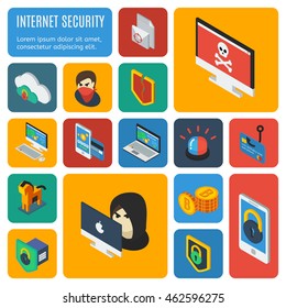 Internet security decorative isometric icons with computers email alarm banking card cloud service hacking isolated vector illustration