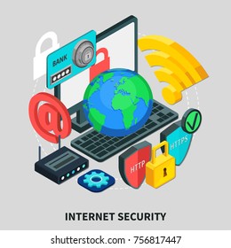 Internet security design concept set of laptop email http lock wifi modem globe isometric icons 3d vector illustration 