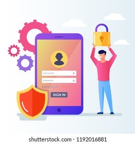 Internet security encryption, VPN, privacy personal business data login password protection protection system. User man character with lock. Vector flat cartoon graphic design illustration