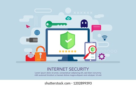 Internet Security Flat Design Concept, Safe Work Concept, Suitable For Banner, Background, Book Illustration. Presentation, Landing Page, Web Banner, and Other Related. Vector Illustration template.