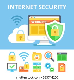 Internet security flat icons set and flat illustration. Modern vector illustration