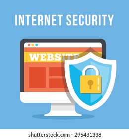 Internet Security Flat Illustration Concept. Computer Display With Protection Shield. Trendy Flat Icon. Flat Design Concept For Web Banners, Web Sites, Infographics. Creative Vector Illustration