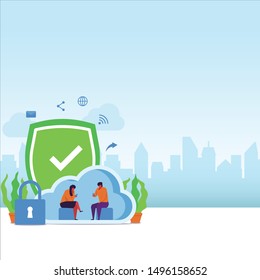 Internet security flat vector concept couple sit on cloud hold phone. Illustration For Wallpaper, Banner, Background, Infographic, Book Illustration, And Web Landing Page.