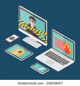 Internet security, hacker, virus protection and email spam. Flat design isometric vector illustration.