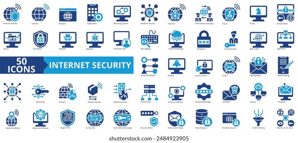 Internet security icon collection set. Containing internet, browser, application, operating system, network security, insecure, information exchange icon. Simple flat vector