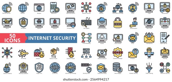 Internet security icon collection set. Containing internet, browser, application, operating system, network security, insecure, information exchange icon. Simple flat outline vector illustration