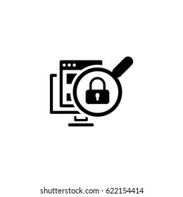 Internet Security Icon. Flat Design. Security concept with a PC, web page, magnifying glass and a padlock. Isolated Illustration. App Symbol or UI element.