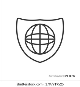 internet security icon outline. globe circle with shield icon vector design. isolated on white background