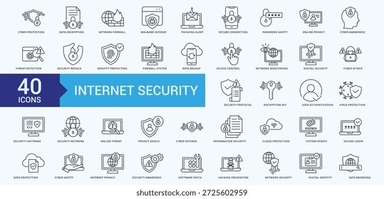 Internet Security Icon Pack Illustration Vetor com proteção cibernética, criptografia de dados, firewall de rede, defesa contra malware, alerta de phishing, seguro