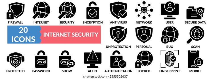 INTERNET SECURITY icon set with  firewall, internet, encryption, antivirus, network security, secure data, authentication and other.