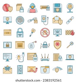 Internet security icon set. Outline set of internet security vector icons thin line color flat on white