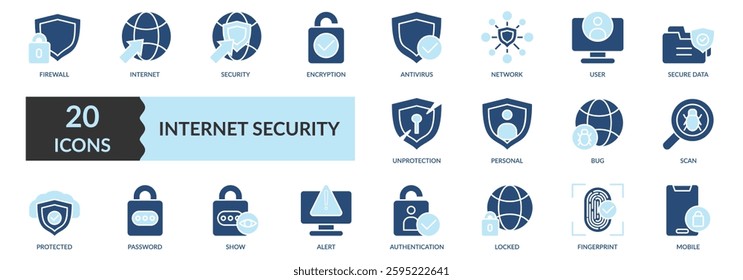 INTERNET SECURITY icon set two color style with  firewall, internet, encryption, antivirus, network security, secure data, authentication icons