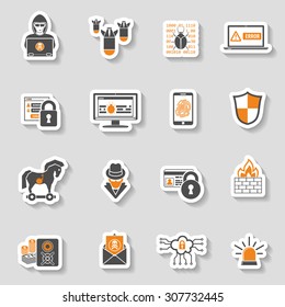 Internet Security Icon Sticker Set for Flyer, Poster, Web Site Like Hacker, Virus, Spam and Firewall.
