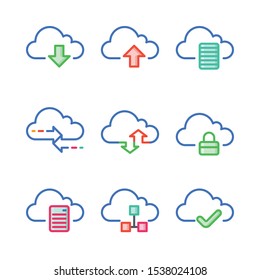 Internet Security Icons. Cloud Computing Icon Set. This Icon Set Includes File Sharing, Data Storage, Internet Security, And Reliable Network Service. 