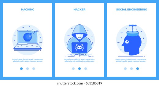 Internet Security Icons - Hacking, Hacker, Social Engineering. Outline Blue Banners, Screens For Mobile Apps And Web Sites. Vector Illustration.