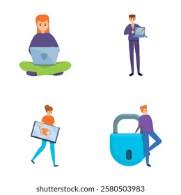 Internet security icons set cartoon vector. Online information protection. Cybersecurity, future technology