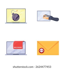 Los iconos de seguridad de Internet establecen un Vector de dibujos animados. Virus de correo electrónico, malware y ataque cibernético. Ciberseguridad