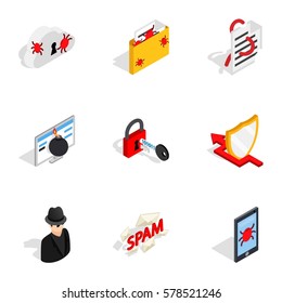 Internet security icons set. Isometric 3d illustration of 9 internet security vector icons for web