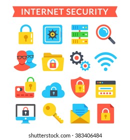 Internet security icons set. Online protection, system privacy, antivirus. Modern flat colorful icons, material design icons set for web sites, web banners, mobile apps, infographics. Vector icons set