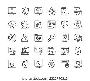 Internet security icons. Vector line icons set. Data protection, cybersecurity, secure technology, computer privacy concepts. Black outline stroke symbols