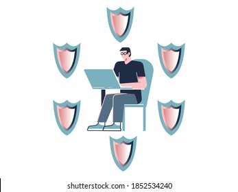 Internet security illustration. A person working on a computer surounded by shields and feeling safe. Vector on a white background.