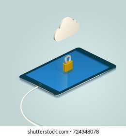 internet security illustration, tablet with a look on it and a cloud above