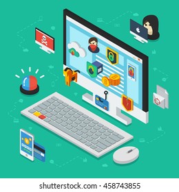 Internet security isometric design with computer in center data safety icons around on green background vector illustration