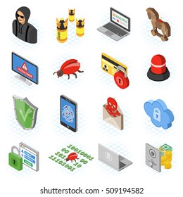 Internet Security Isometric Flat Icon Set For Flyer, Poster, Web Site Like Hacker, Virus, Spam And Safe.