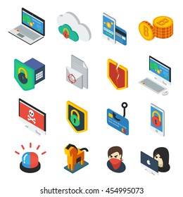 Iconos isométricos de seguridad de Internet establecidos con computadoras bitcoin de comercio electrónico virus hacker virus alarma virus troyano aislado ilustración vectorial