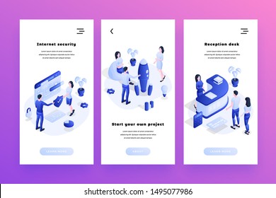 Internet Security Isometric Mobile Landing Page Banners Templates Set. Starting Innovative Projects, Launching Startups Promo Web Poster. Reception Desk, Online Hotel Booking Service Design Layout