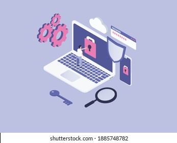Internet security isometric vector concept. Man opens locked laptop screen by pressing padlock button