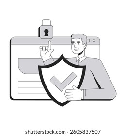 Internet security line conceptual illustration. Web protection, cybersecurity. Businessman holding shield against secured website 2D outline character isolated. Linear drawing grayscale vector