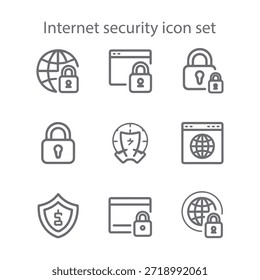 Conjunto de iconos de línea de seguridad de Internet con símbolos de bloqueo, escudo y navegador para protección cibernética, Web, App y diseño de interfaz de usuario


