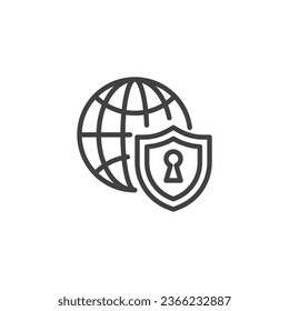 Symbol der Internet-Sicherheitslinie. Schild mit einem linearen Globus-Stilzeichen für mobiles Konzept und Web-Design. Umriss des Vektorsymbol für den Schutz des Webbrowsers. Symbol, Logo-Abbildung. Vektorgrafik
