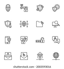 Conjunto de iconos de línea de seguridad de Internet, colección de símbolos de vector de contorno, paquete de pictogramas de estilo lineal. Ilustración del logotipo de los carteles. El conjunto incluye iconos como protección de la red informática, ciberseguridad, virus de correo electrónico