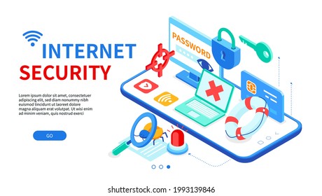 Internet security - modern colorful isometric web banner with copy space for text. Data protection, antivirus idea. Password entering, software bag, alarm system, credit card on smartphone screen
