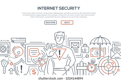 Internet security - modern line design style illustration on white background with place for your text. Banner with heading, place for your text, information. Men in superhero costume protecting data