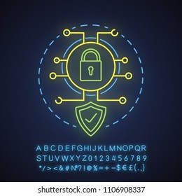 Internet security neon light concept icon. Digital protection idea. Antivirus. Glowing sign with alphabet, numbers and symbols. Vector isolated illustration