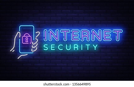 Internet Security neon sign vector. Cyber Security Design template neon sign, light banner, neon signboard, nightly bright advertising, light inscription. Vector illustration
