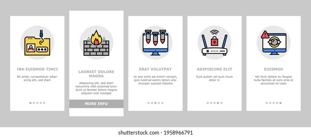 Internet Security Onboarding Mobile App Page Screen Vector. Internet Ddos Computer Attack And Flash Drive With Virus, Binary Code In E-mail Message And Hacker Illustrations