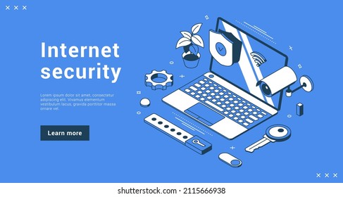 Internet security personal data information protection service landing page banner isometric vector illustration. Access authentication privacy network online secure with shield padlock webcam laptop