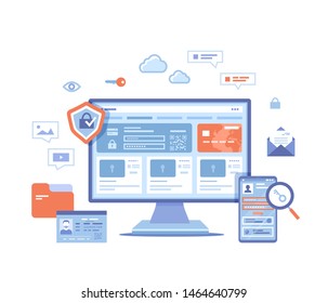 Internet Security. User’s personal data protection, safety confidentiality, safe network. Monitor and phone with shield and lock. Password request and username. Vector illustration on white background