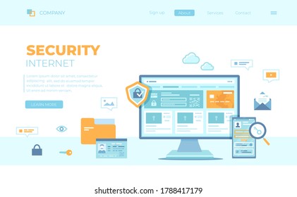 Internet Security. User’s personal data protection, safety confidentiality, safe network. Password request. Monitor and phone with shield and lock. Can use for web banner, landing page, web template.