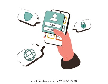 Internet security and privacy data antivirus protection tiny person concept. Safe network, secured web page and safety shield as protected database symbol vector illustration. Database content guard.
