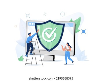 Seguridad de Internet y protección antivirus de datos de privacidad concepto de pequeña persona. Red segura, página web segura y protector de seguridad como ilustración vectorial de símbolo de base de datos protegida. Protección de contenido de base de datos.