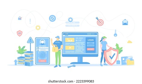 Seguridad de Internet, Protección de datos personales confidenciales. Compañía de seguridad con escudo y cerradura. Protección de contraseña, id táctil, id facial. Estilo plano de ilustración vectorial.	
