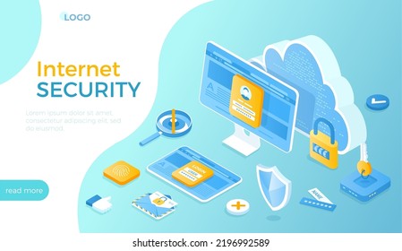 Internet security. Safety and confidential data protection. Data protection concept. Safe internet technologies. Isometric vector illustration for website.	
