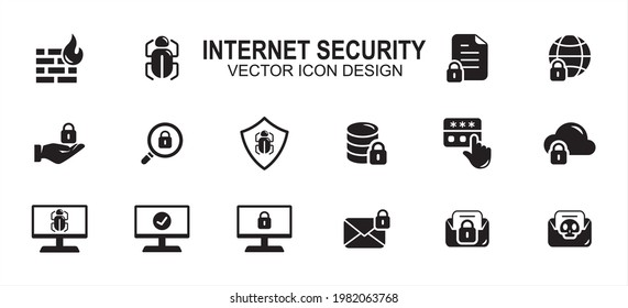 Diseño gráfico de interfaz de usuario de iconos vectoriales relacionados con la seguridad y la seguridad de Internet. Contiene iconos como cortafuegos, bug, document, lock, disk, cloud, web, screen, mail, scam, malware, virus, contraseña