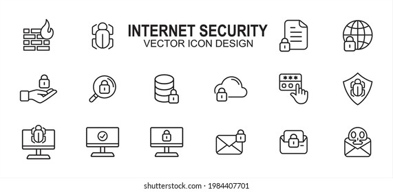Internet security and safety related vector icon user interface graphic design. Contains such icons as fire wall, bug, document, lock, disc, cloud, web, screen, mail, scam, malware, virus, password